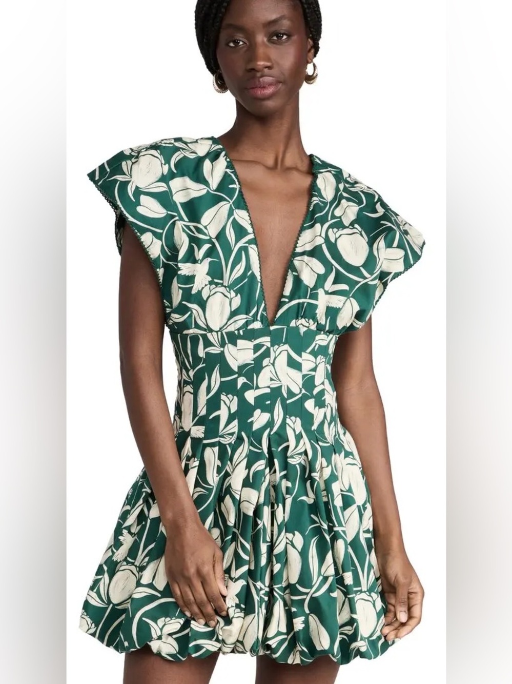 Agua by Agua Bendita Green and Cream Floral Deep V Midi Dress